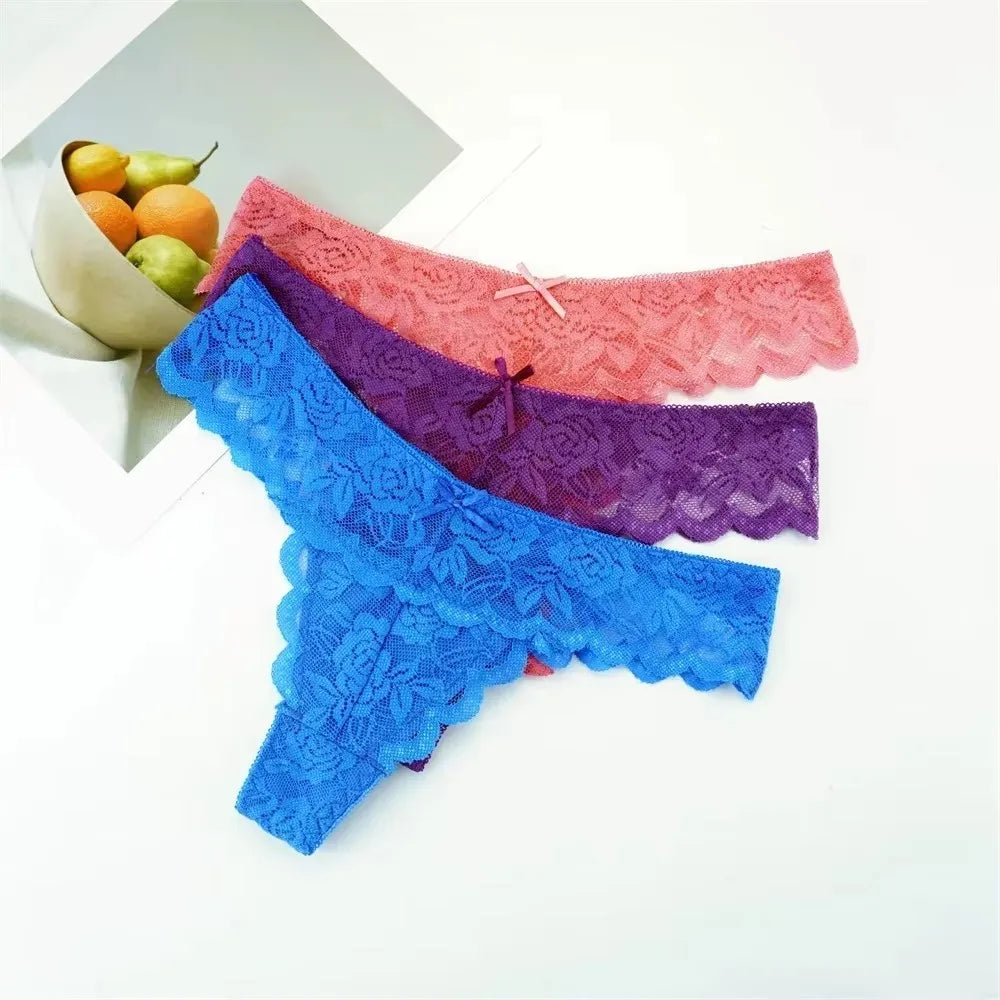 Tanga sexy de encaje de cintura baja para mujer, bragas transparentes, ropa interior erótica, 3 unidades, envío gratis