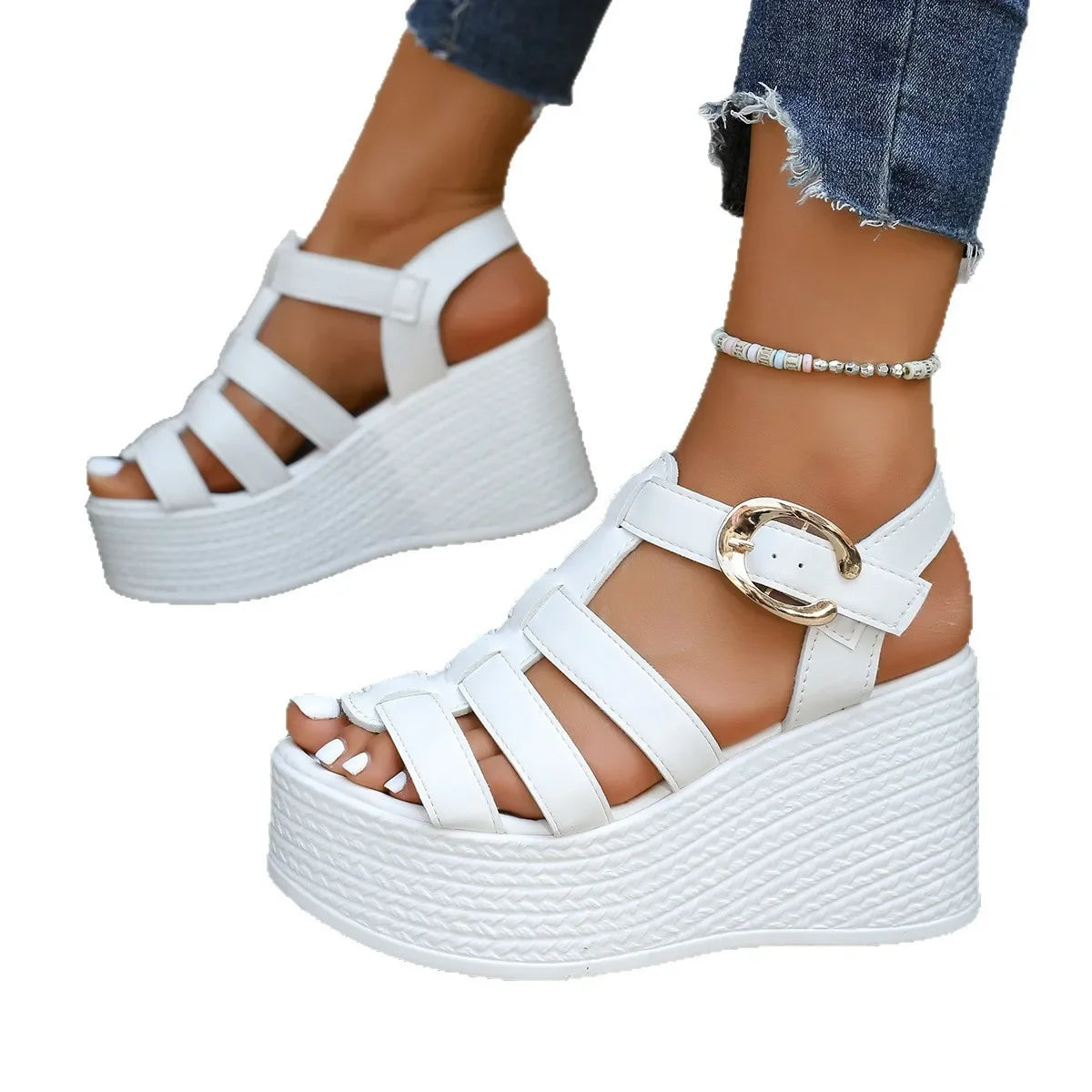 Sandalias de tacón grueso estilo romano de moda, zapatos de mujer, zapatillas de plataforma de tacón alto de verano, sandalias de suela plana con hebilla elegante