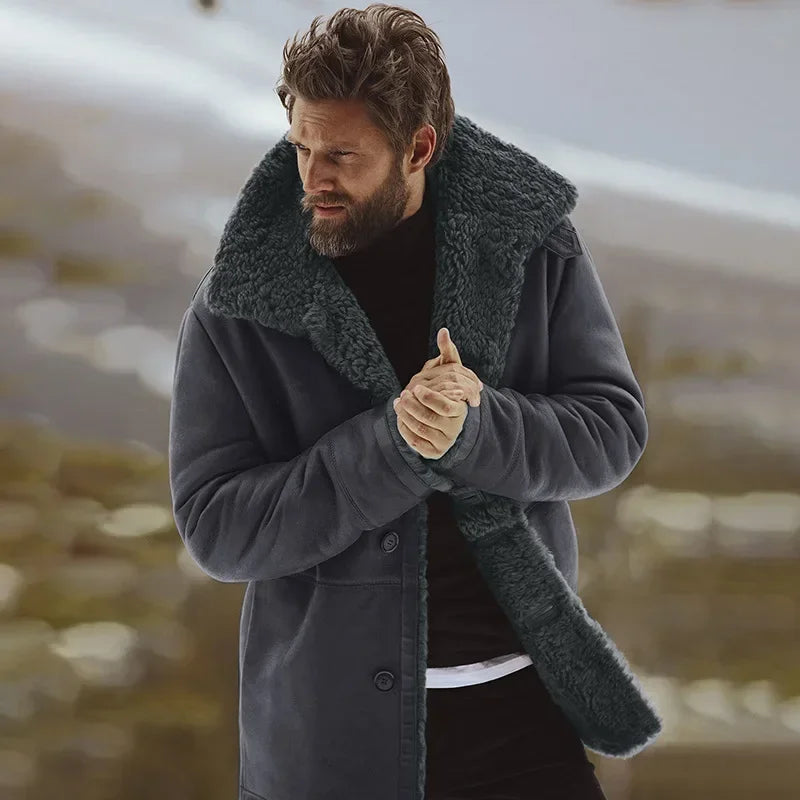 Abrigo de lana nuevo cortavientos para hombre, cuello de piel, botonadura sencilla, cálido, chaqueta de lana, corte entallado, abrigo de invierno 2021 para hombre