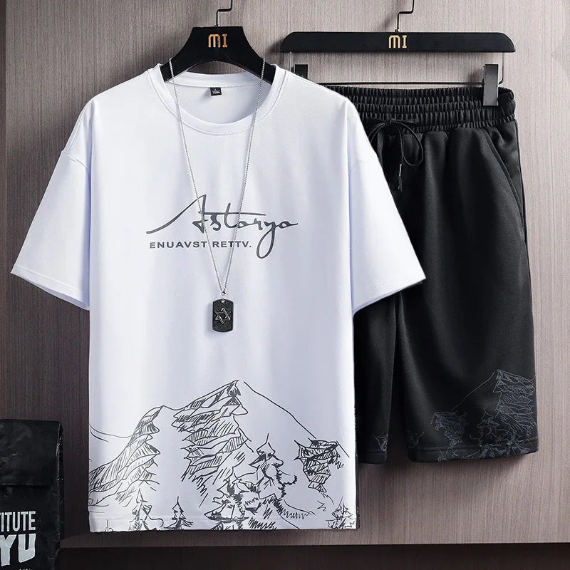 Conjunto informal de dos piezas para hombre, camiseta de manga corta y pantalones cortos, estilo veraniego, ropa deportiva y elegante.