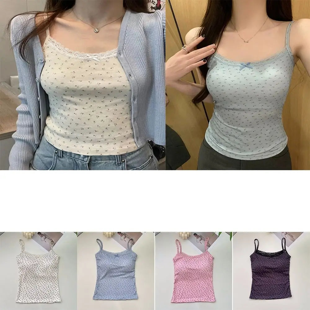 Camisola elegante con estampado floral de encaje 2024 Y2K, chaleco sexy ajustado, tops florales, talla única, camisetas sin mangas florales, primavera