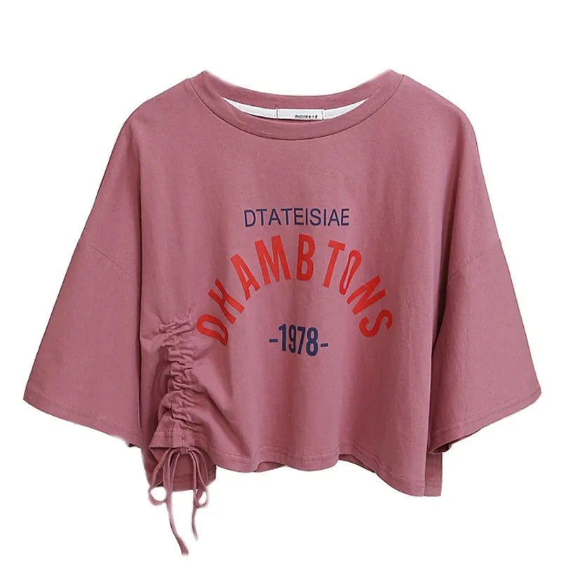 Camiseta corta con cordón y estampado de moda para mujer, diseño informal de manga corta, color negro, verde, rosa, blanco y naranja.