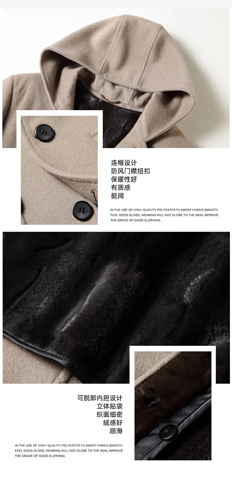 2024 Winter New Men's Hoodie Medium Long Woolen Coat Rabbit Plush Thick Warm Casual Coat High end Fabric 100% Pure Wool