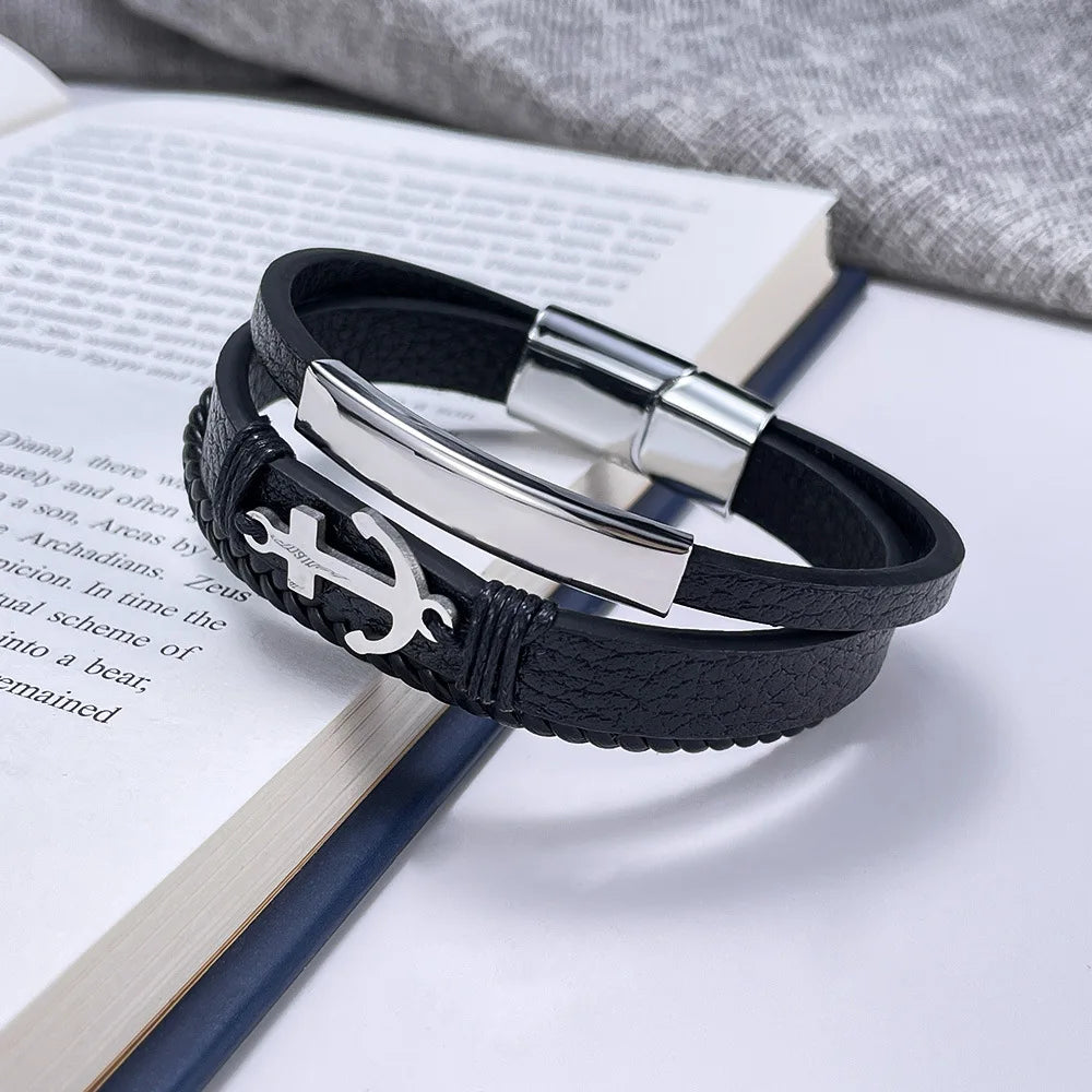 Pulsera de cuero para hombre. Pulsera de cuero trenzado multicapa versátil con forma de ancla retro, adecuada para regalos de hombre.
