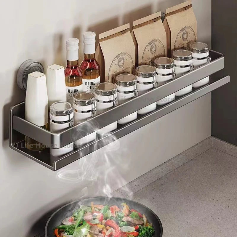 Estante de cocina con ventosa, de aluminio, para especias, organizador de condimentos de pared, sin necesidad de taladrar.