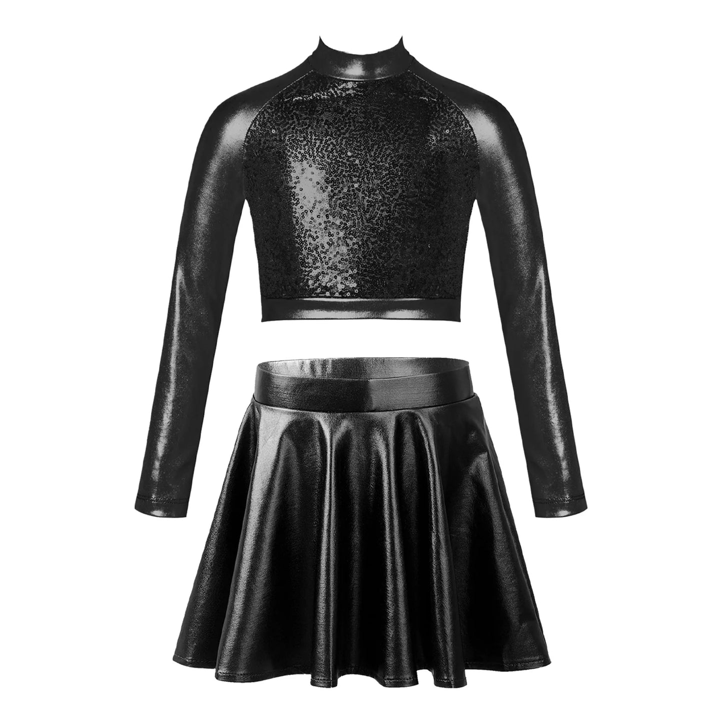 Ropa para niños, blusas sin mangas metálicas para niñas, minifalda plisada acampanada, conjunto de 2 piezas para niños, ropa de baile