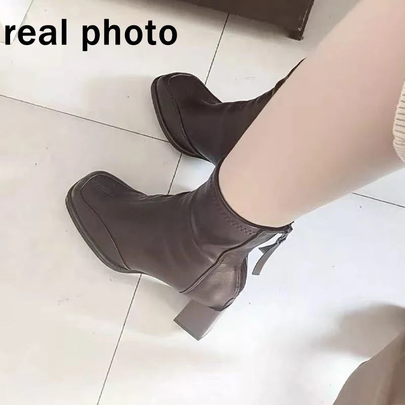 British Vintage Square Toe Ankle Boots Women 2025 Autumn Winter Thick High Heel Black Pu Boots Woman Cowboy Short Booties Shoes