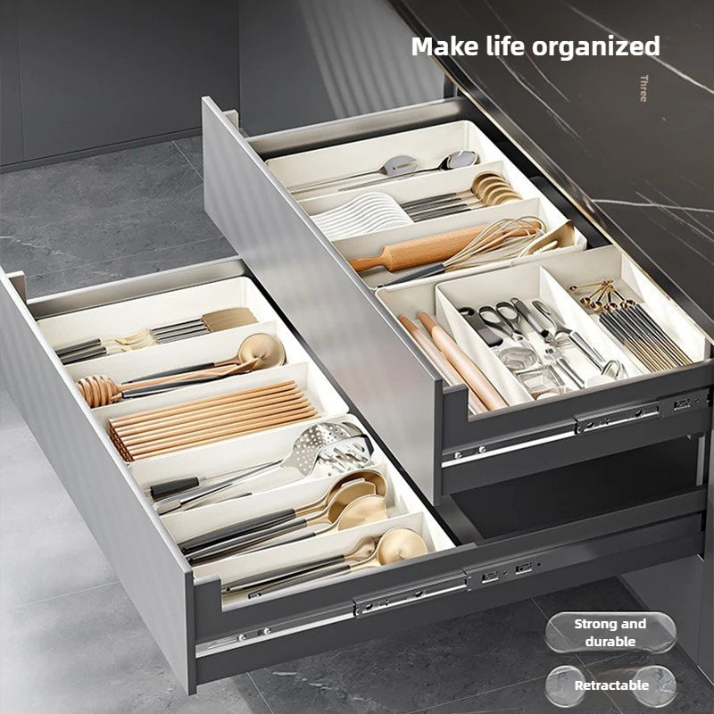 Organizador de plástico ajustable y versátil, ligero y de gran capacidad para escritorio, cajón, cafetería, cocina, oficina, etc.