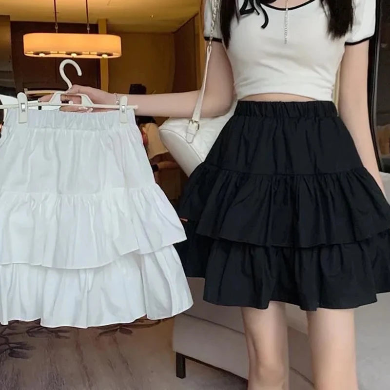 Falda plisada de corte A para mujer, blanca, con volantes, estilo dulce y escalonado, cintura elástica, estilo Harajuku coreano básico y ajustado para verano