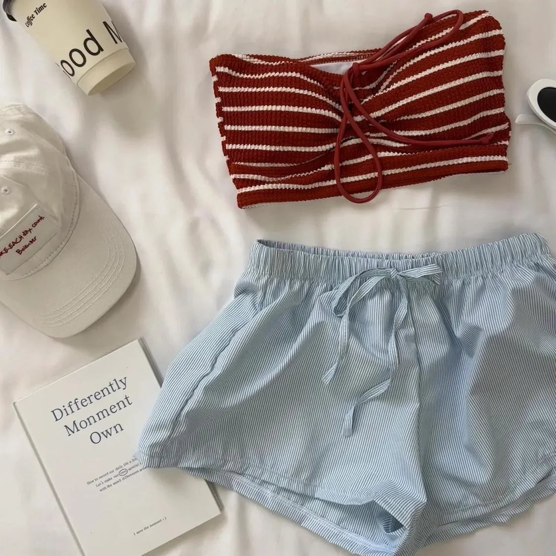 Bikini de rayas sin tirantes para mujer, traje de baño de tres piezas, diseño sexy de diva dividido, ideal para playa y natación.