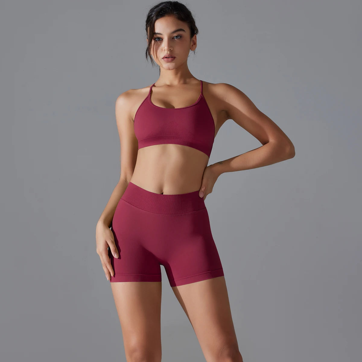 Conjunto deportivo de yoga, mallas de gimnasio de secado rápido, tirantes cruzados con absorción de impactos, pantalones cortos de ciclismo para mujer, entrenamiento de yoga.
