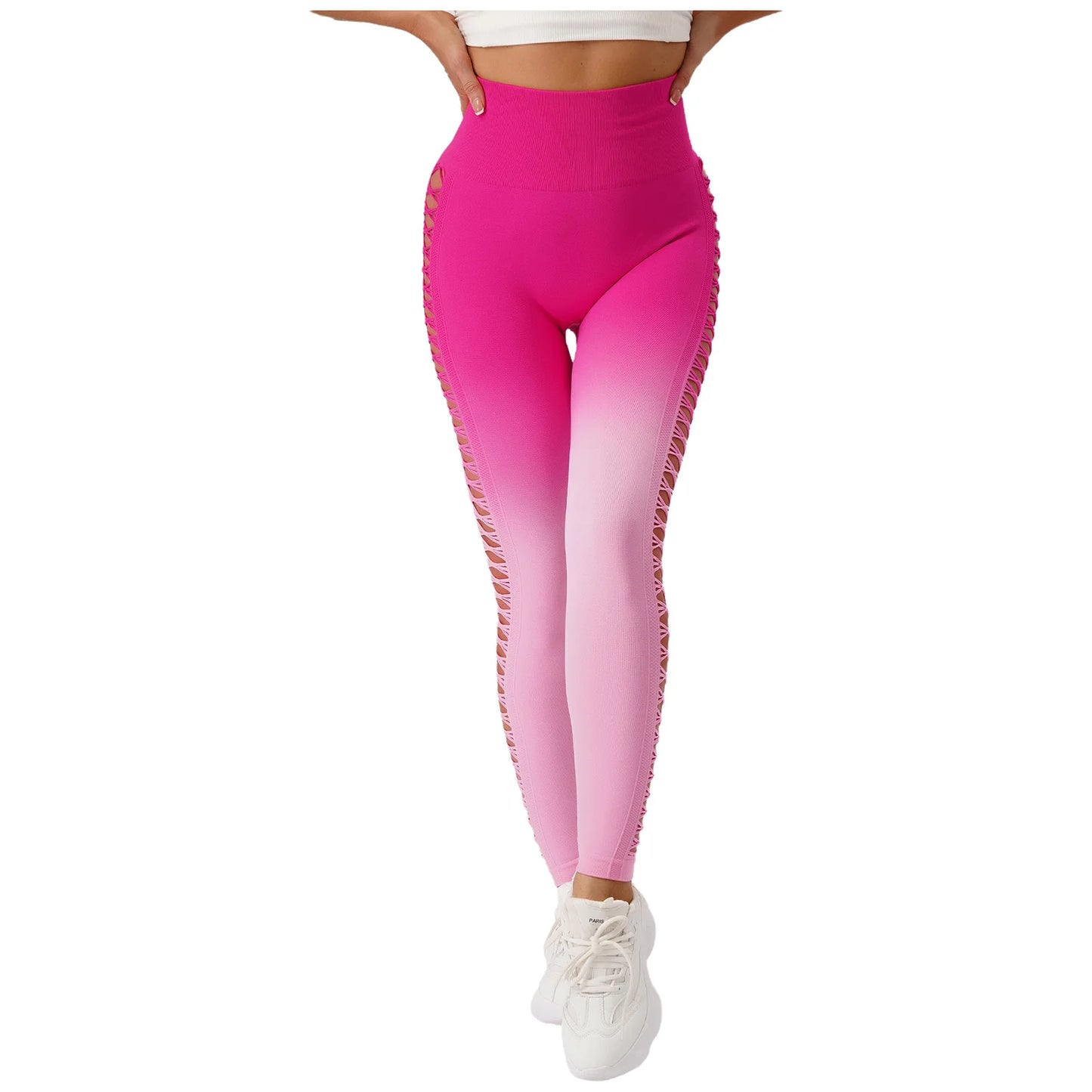 Womens Hip Tight Yoga Pants High Waist Side Hollowed-Out Mesh Design Exercise Yoga Leggings Running Gym Fitness