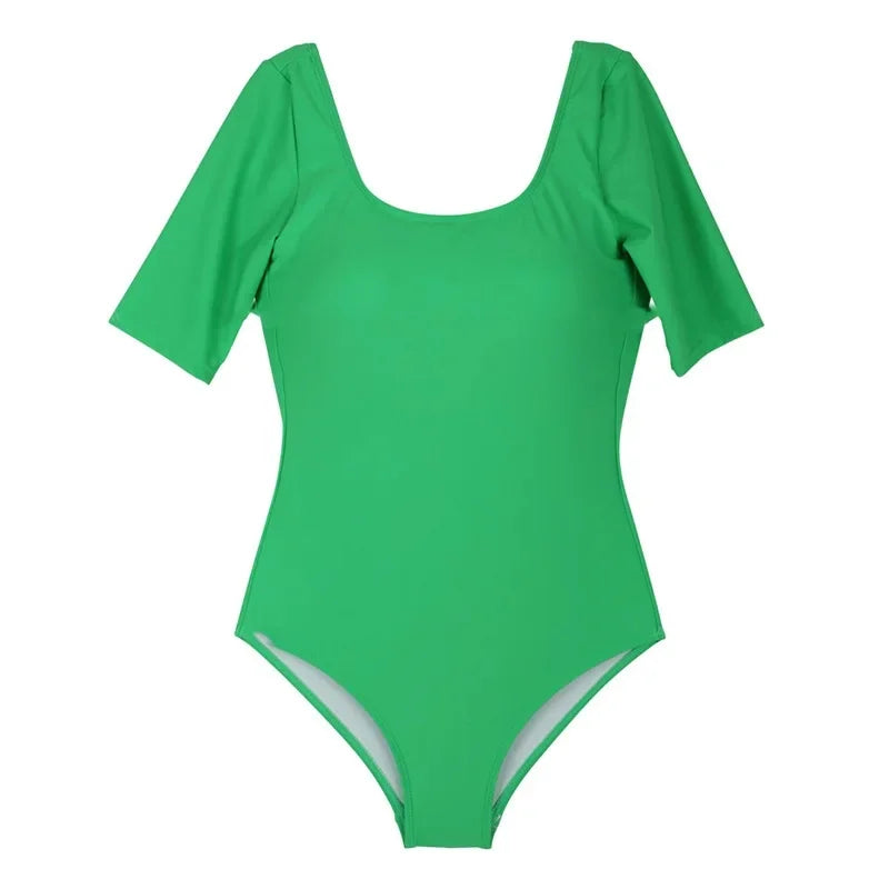 Traje de baño de una pieza para mujer, de manga corta, sexy, adelgazante, para vacaciones en la playa, informal, con pecho grande, modelo femenino, traje de baño blanco coreano