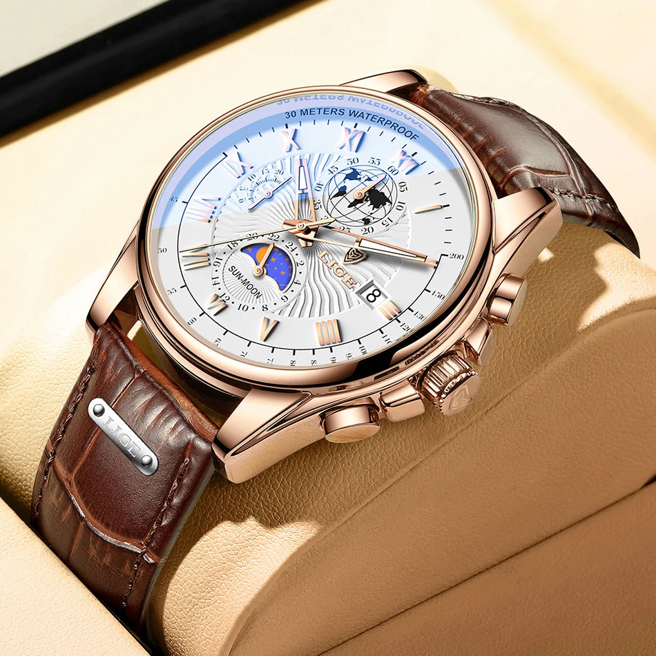 LIGE 2024 - Nuevo reloj de cuero azul para hombre, marca de lujo, resistente al agua, deportivo, con fecha, de cuarzo, Masculino