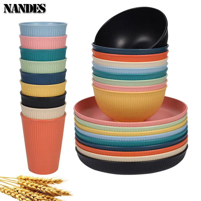 Juego de 36 platos de paja de trigo ecológicos para ramen, vajilla para cena, juego de vajilla para acampar con cuchillo, tenedor y cuchara.