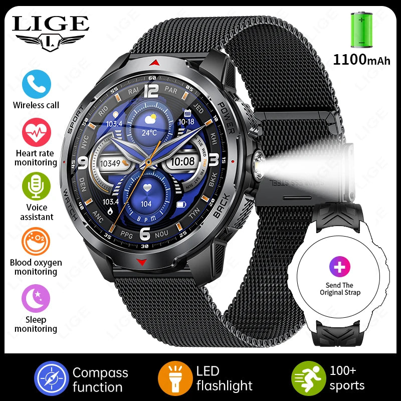 Reloj inteligente deportivo para exteriores para hombre, con batería grande de 1100 mAh, brújula, linterna LED, control del ritmo cardíaco, compatible con Android e iOS.