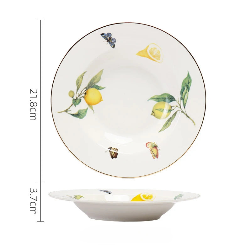 Plato de cerámica de estilo europeo para cena, elegante plato de carne con diseño de limón, juego de taza de café, plato de postre de cocina occidental