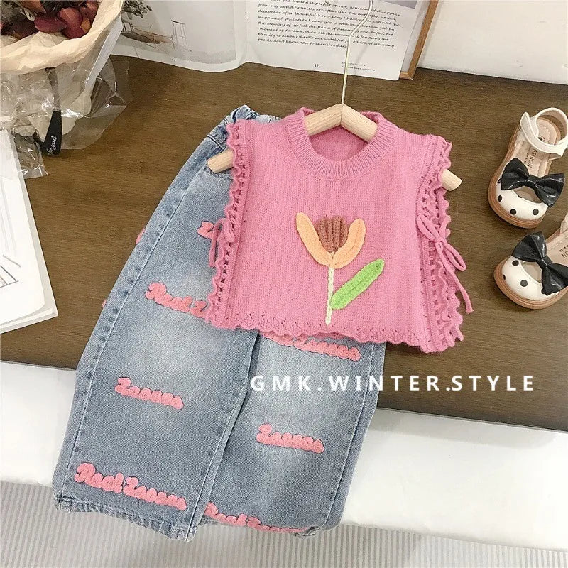 Conjuntos de ropa para niños de 2 a 7 años, chaleco de punto rosa y vaqueros, conjunto de verano para bebés y niños pequeños.