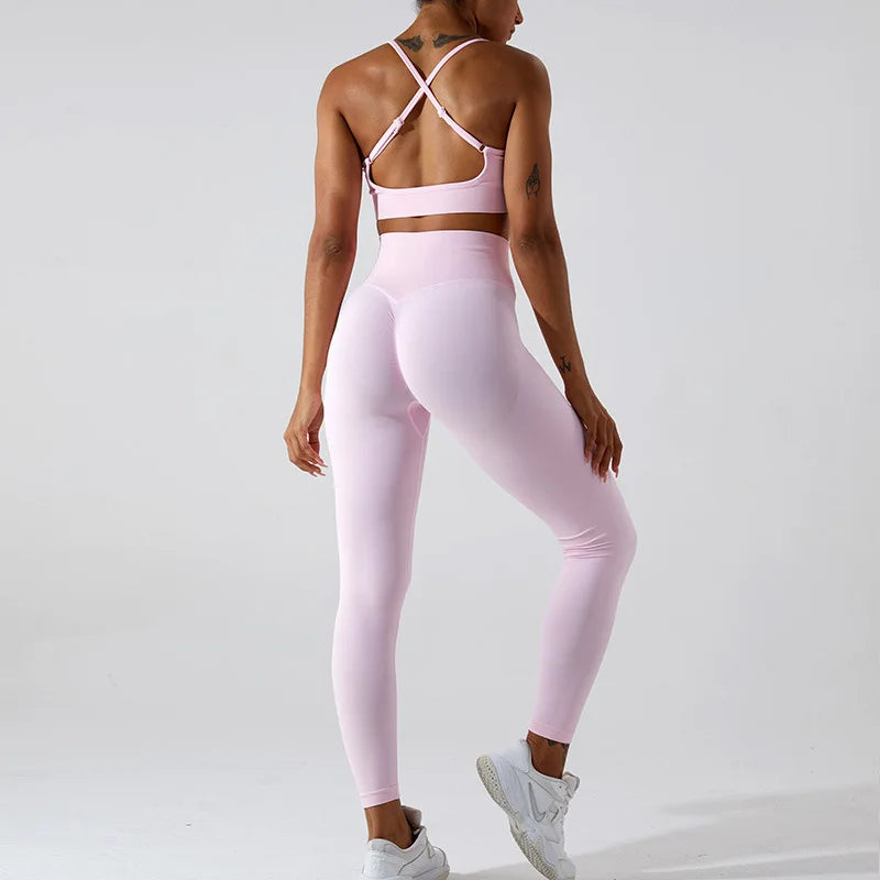 Conjunto de yoga de dos piezas para mujer, sujetador deportivo con espalda cruzada de color liso, top color miel melocotón, leggings de secado rápido para realce de cadera, traje deportivo de fitness