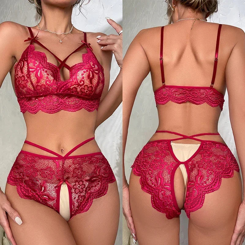 Conjunto de lencería sexy de red roja, estilo europeo y americano, con cadena de amor hueca, malla transparente y liguero.