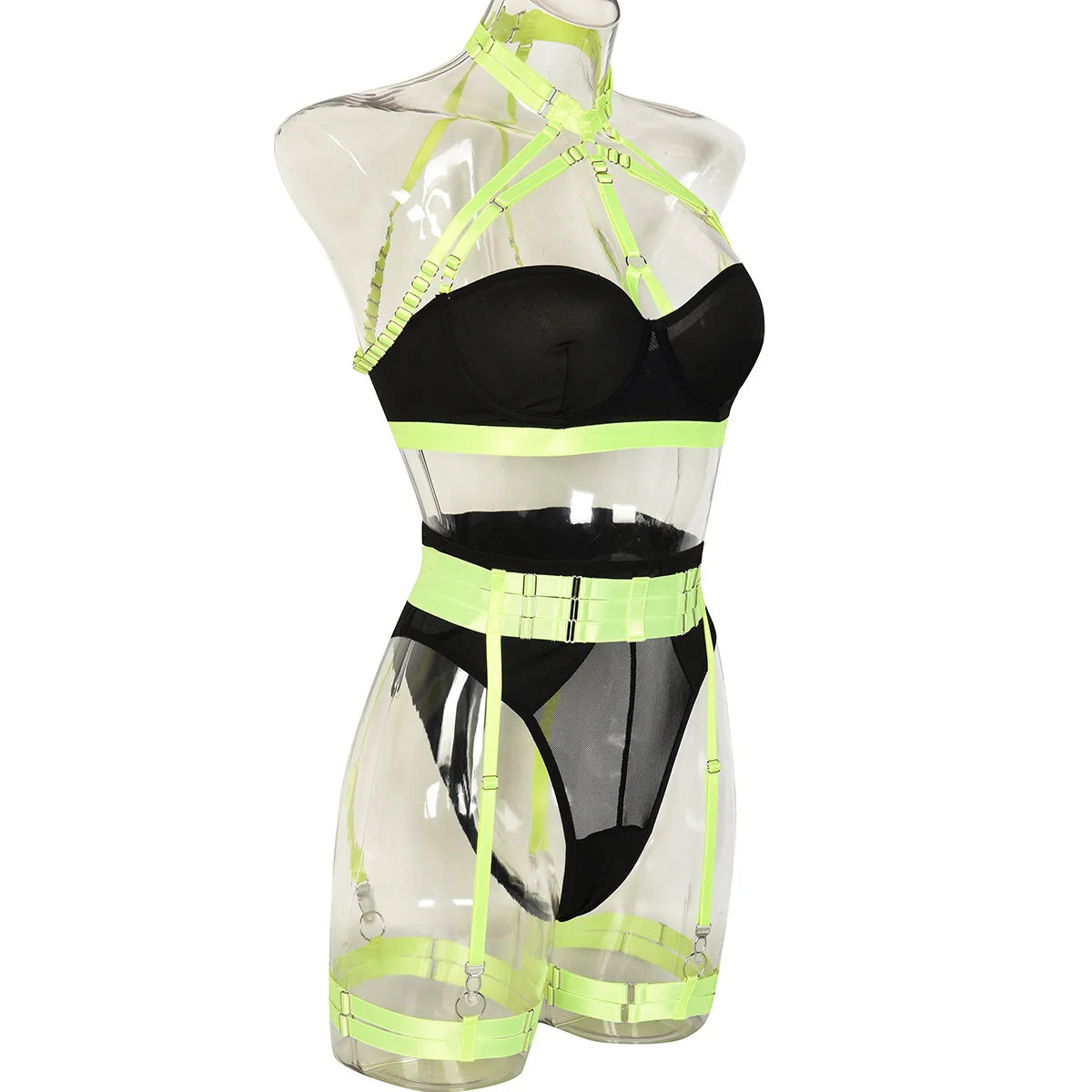 Conjunto de lencería sexy para mujer, con panel de encaje, escote en V profundo, glúteos abiertos, tirantes con forma de corazón de melocotón, cadena cruzada, liguero, ropa interior de tres piezas