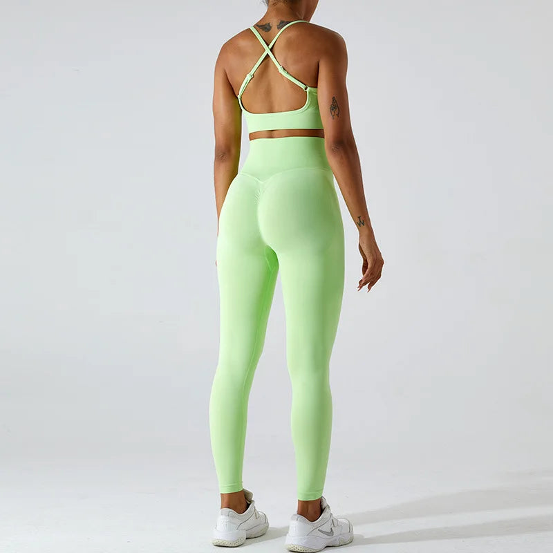Conjunto de yoga de dos piezas para mujer, sujetador deportivo con espalda cruzada de color liso, top color miel melocotón, leggings de secado rápido para realce de cadera, traje deportivo de fitness