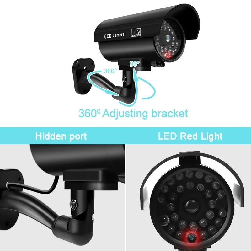 Cámara de seguridad ficticia impermeable para interiores y exteriores, sistema de vigilancia CCTV falso, luces LED rojas intermitentes, sin cableado.