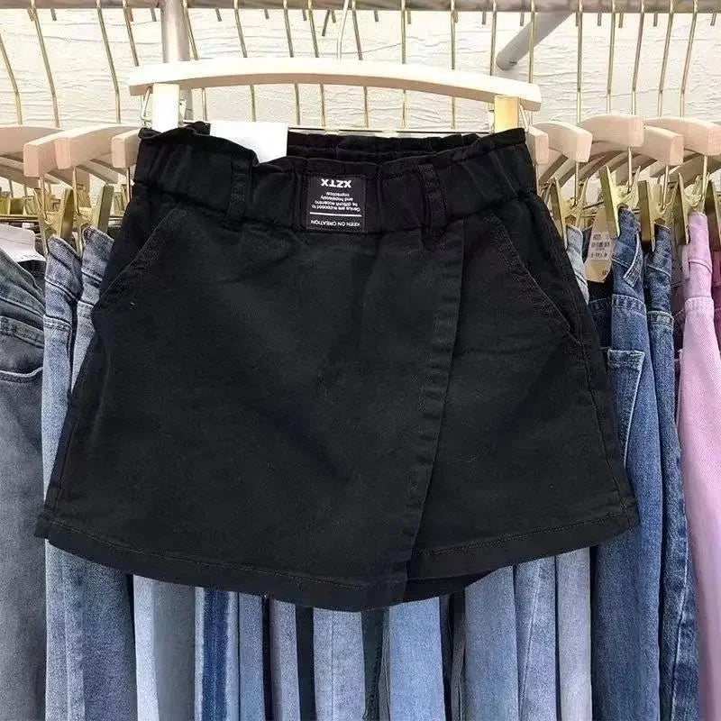 Vestido mini de algodón de cintura alta, talla grande, dos piezas, ilusión, pantalones, falda, adelgazante, corte A, medio cuerpo, para mujer, primavera, verano, blanco