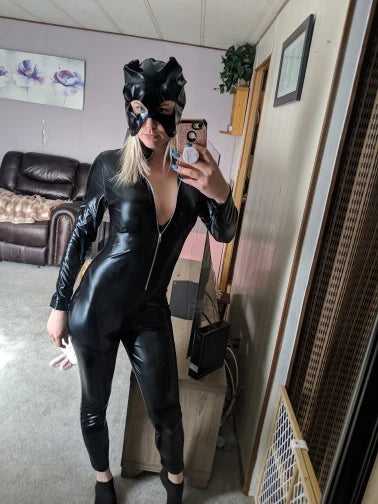 Sexy Cat Womens Jumpsuit Zentai Suit Fancy Dress Shiny Black Wetlook Leather Cat Catsuit Halloween Costumes For Women