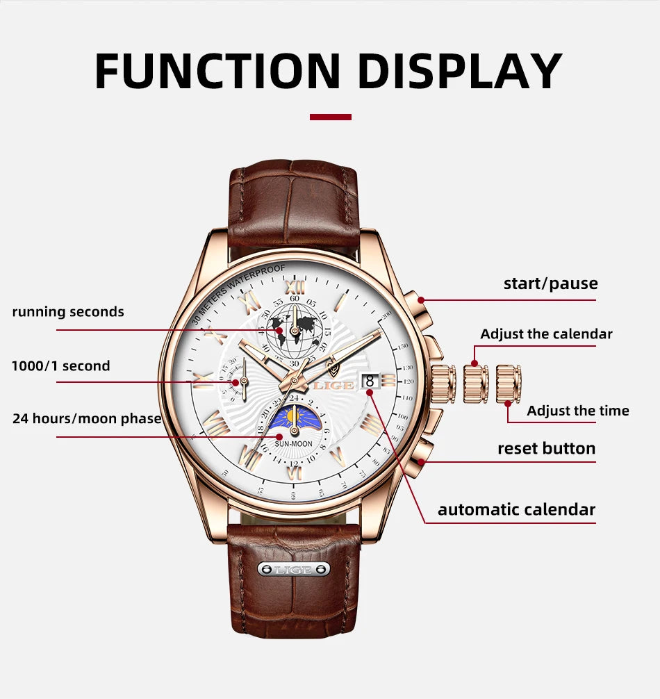 LIGE 2024 - Nuevo reloj de cuero azul para hombre, marca de lujo, resistente al agua, deportivo, con fecha, de cuarzo, Masculino