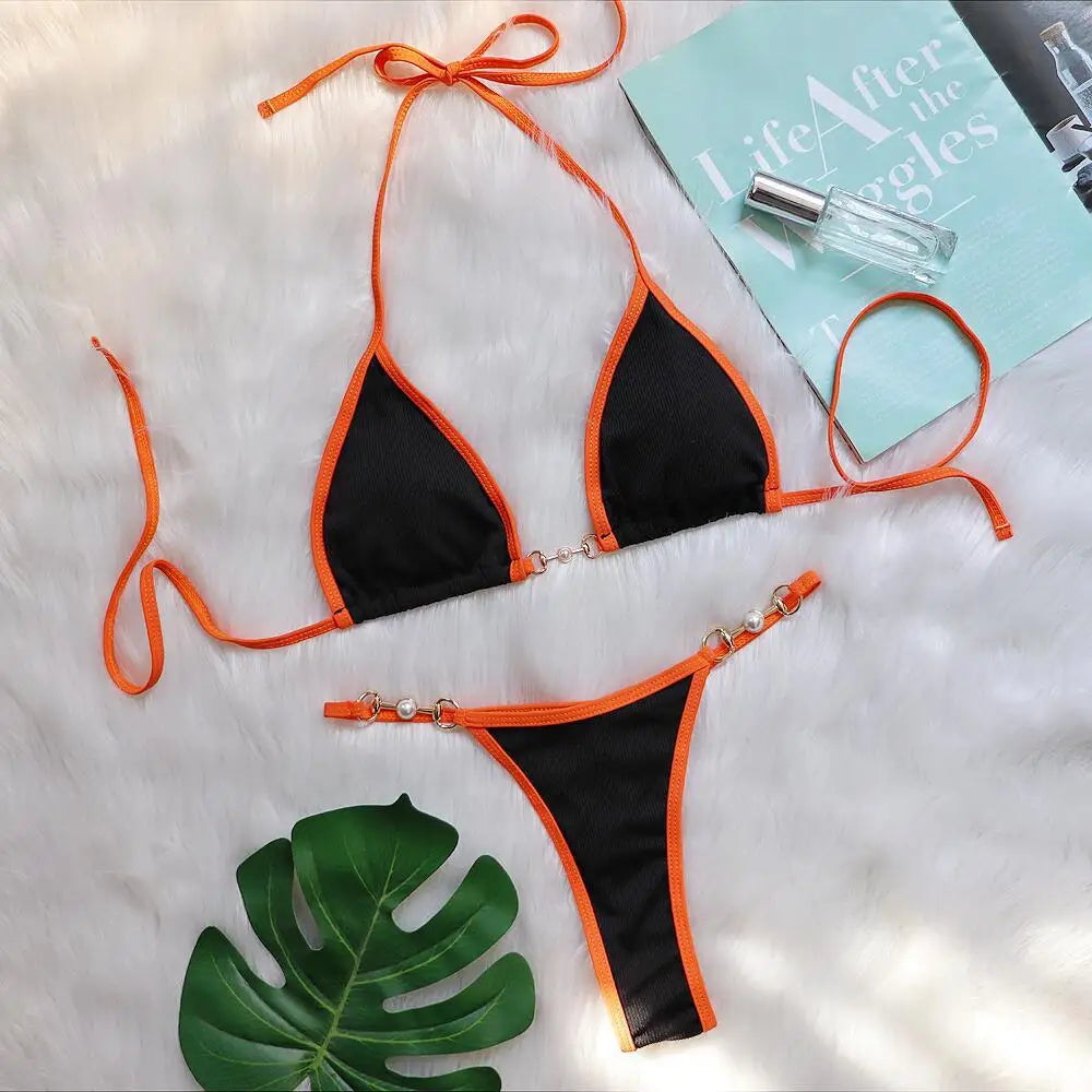 Bikini sexy con cuello halter y perlas para mujer, traje de baño femenino de dos piezas con ribete acanalado