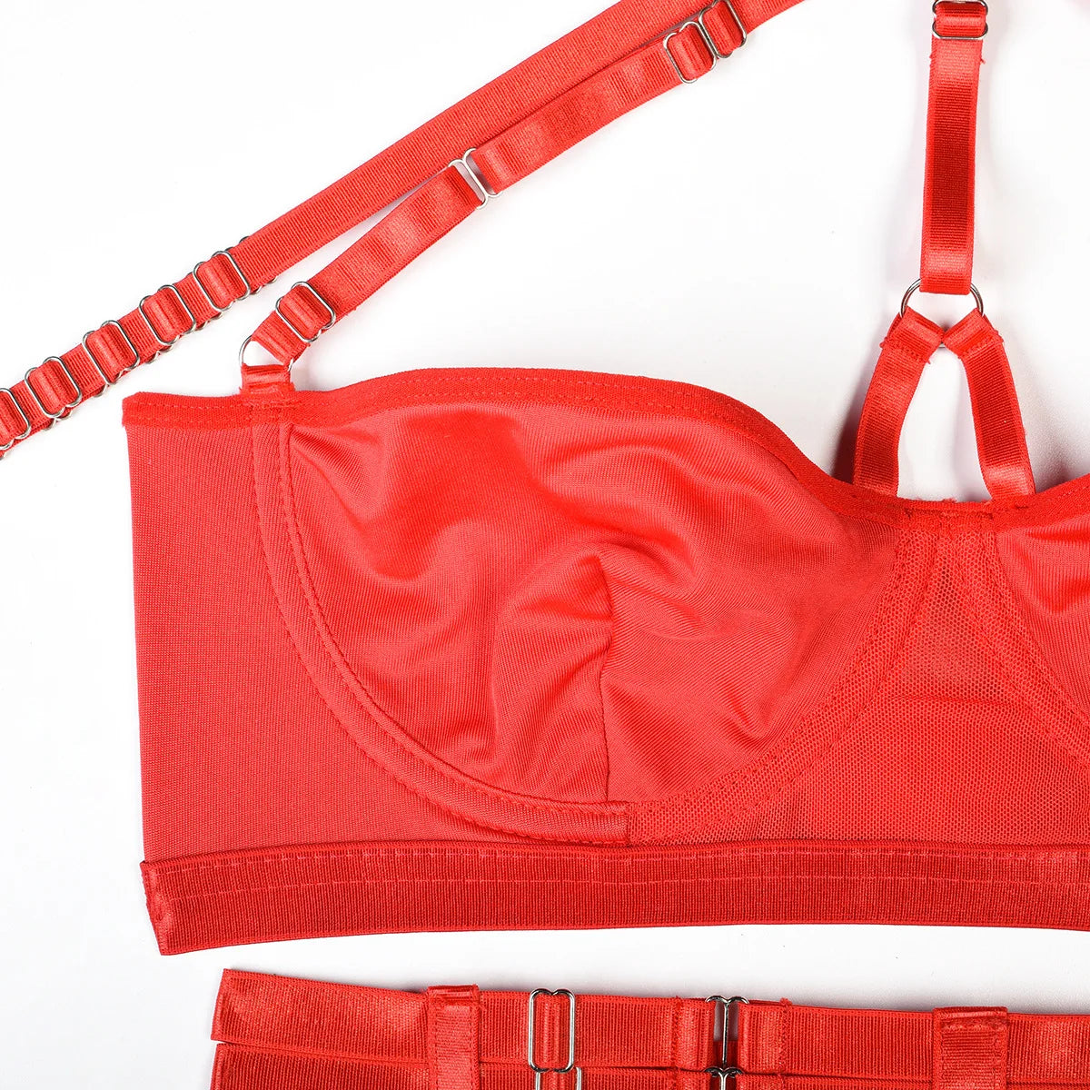 Conjunto de lencería sexy para mujer, con panel de encaje, escote en V profundo, glúteos abiertos, tirantes con forma de corazón de melocotón, cadena cruzada, liguero, ropa interior de tres piezas