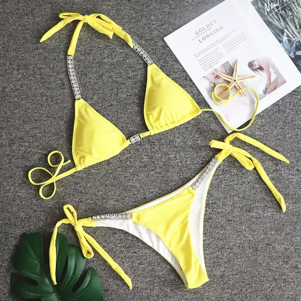 Bikini sexy de 4 colores para mujer, traje de baño liso de lujo con diamantes de imitación, estilo halter, conjunto de bikini para mujer, traje de baño de playa con tanga.