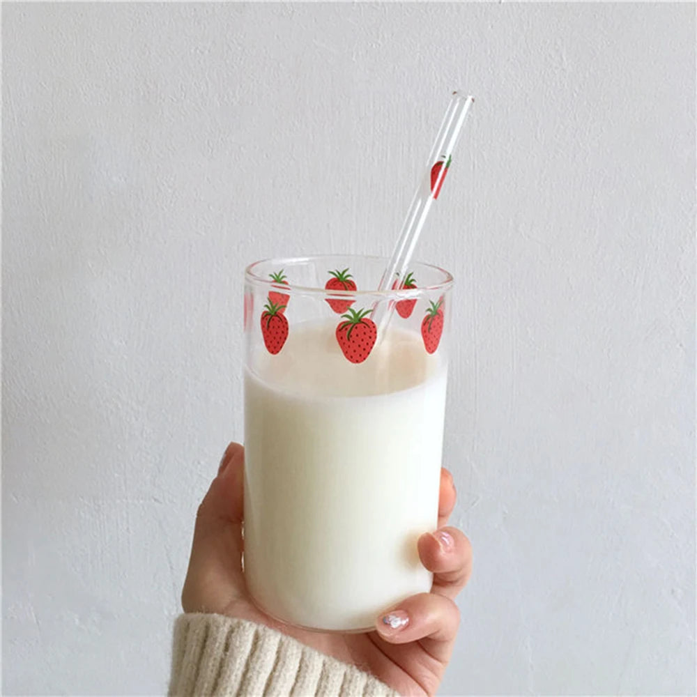 Vaso de cristal con pajita de 300 ml, diseño de fresa, transparente, creativo, resistente al calor, para estudiantes, Nana