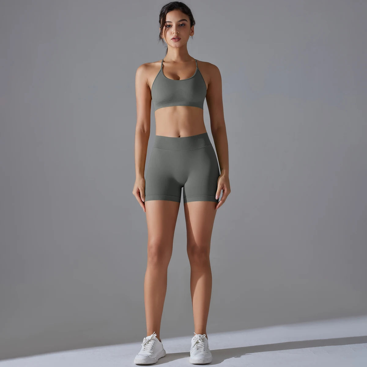 Conjunto deportivo de yoga, mallas de gimnasio de secado rápido, tirantes cruzados con absorción de impactos, pantalones cortos de ciclismo para mujer, entrenamiento de yoga.