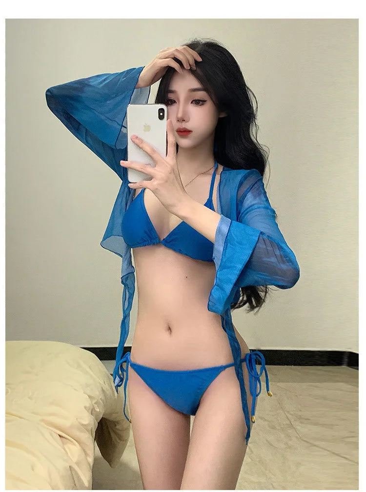 Conjunto de bikini para mujer, traje de baño Vaion separado, Pure Desire, sexy, de cuatro piezas, conservador, ajustado, pecho pequeño, fruncido, persona...