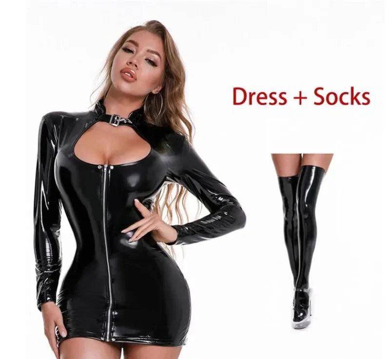 Women Sexy PVC Leather Dress with Stockings Gloves Shiny Latex Bag Hip Skirt Breast Exposing Porno Mini Dress