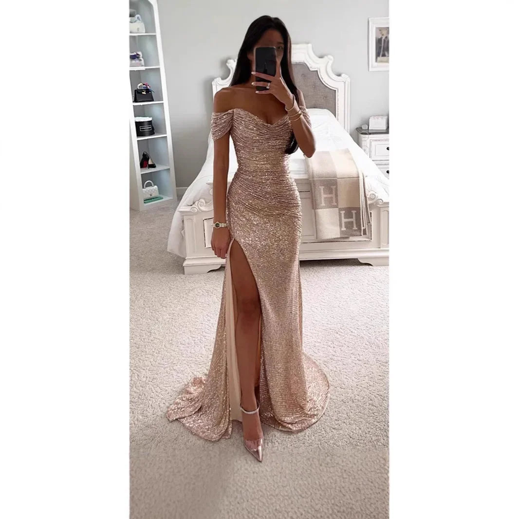 Vestido de fiesta sexy con abertura lateral y lentejuelas brillantes para mujer, de poliéster, sin bordes, ligero y a la moda.