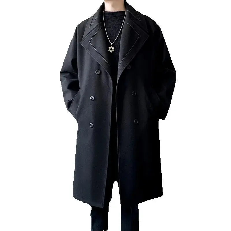 Trench Men Long Woolen Coats Autumn Winter Fashion Turn Down Collar Casual Outwear Male Double Breasted Loose Solid Chic Coat