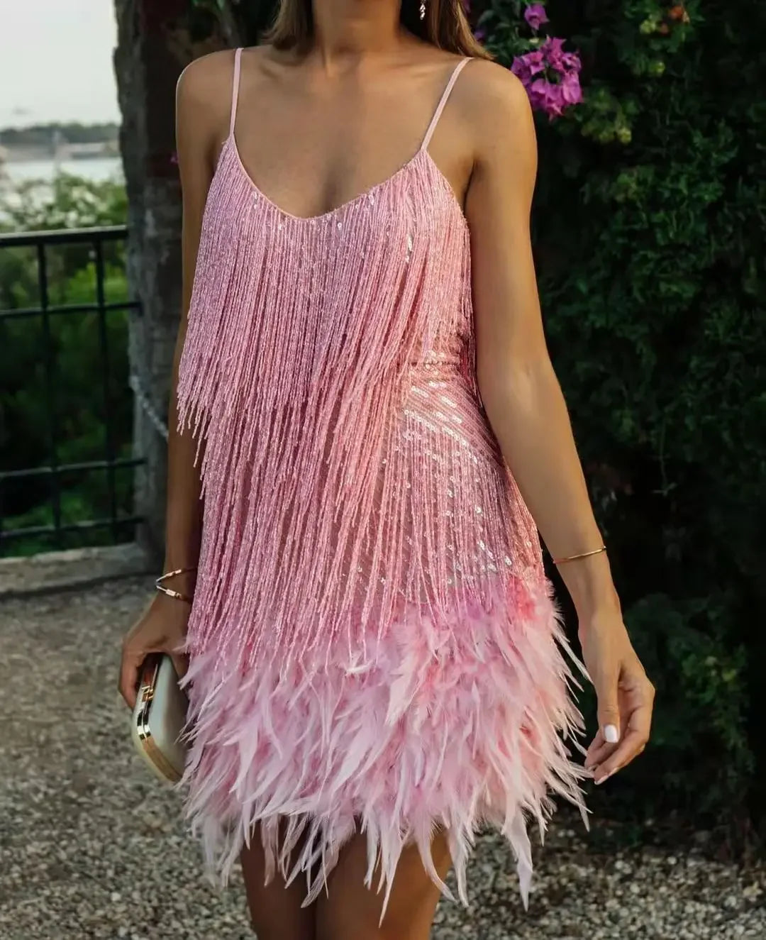 Vestido de verano 2024 con lentejuelas y plumas, moderno y colorido, sin mangas, para mujer, venta directa de Amazon