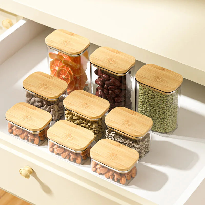Tarro de plástico cuadrado sellado de 1100 ml para alimentos, con tapa de bambú, para cereales de cocina, transparente, para té y utensilios de cocina.