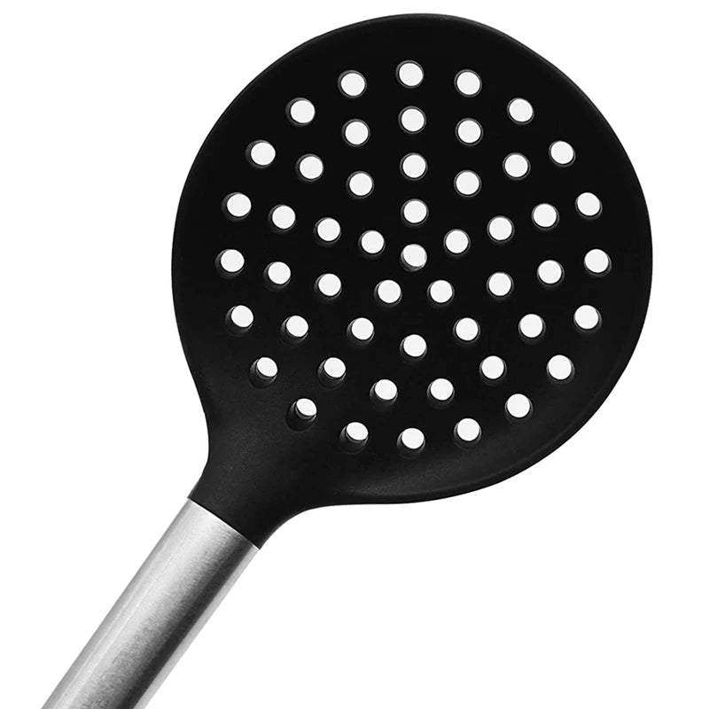 Cuchara ranurada de silicona, libre de BPA y resistente al calor hasta 268 °C, mango de acero inoxidable, espumadera de cocina antiadherente sin costuras.
