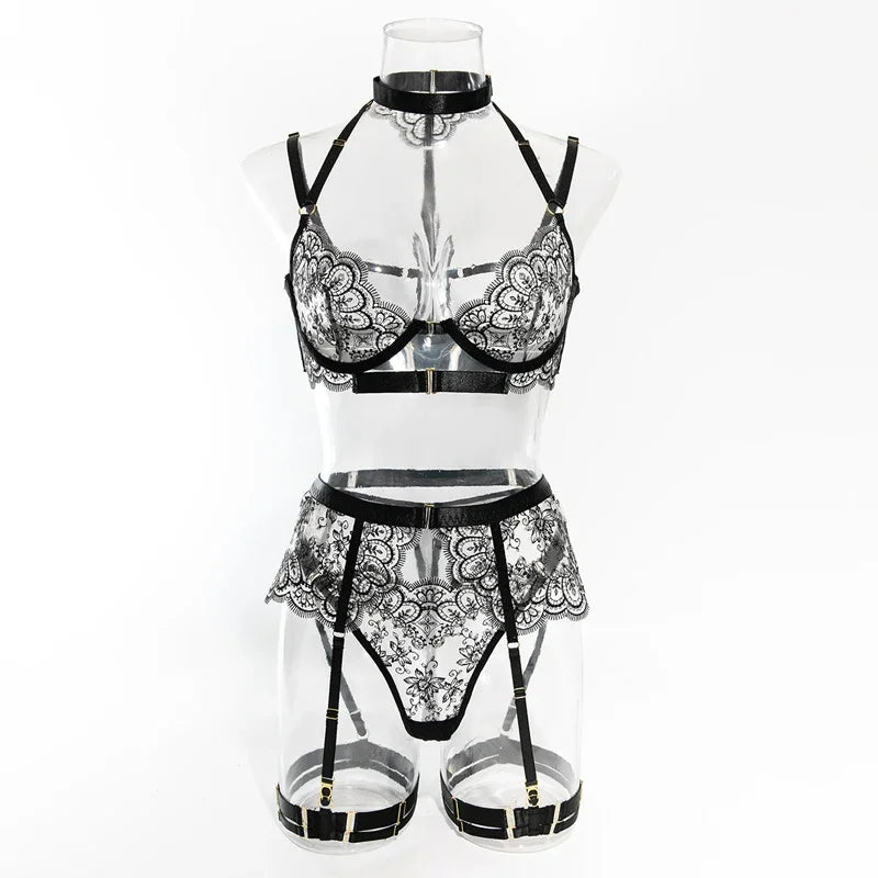 Tornova - Conjunto de ropa interior sexy con bordado de 5 piezas para mujer, de malla con retazos, transparente, con cuello halter y ligas, lencería sexy