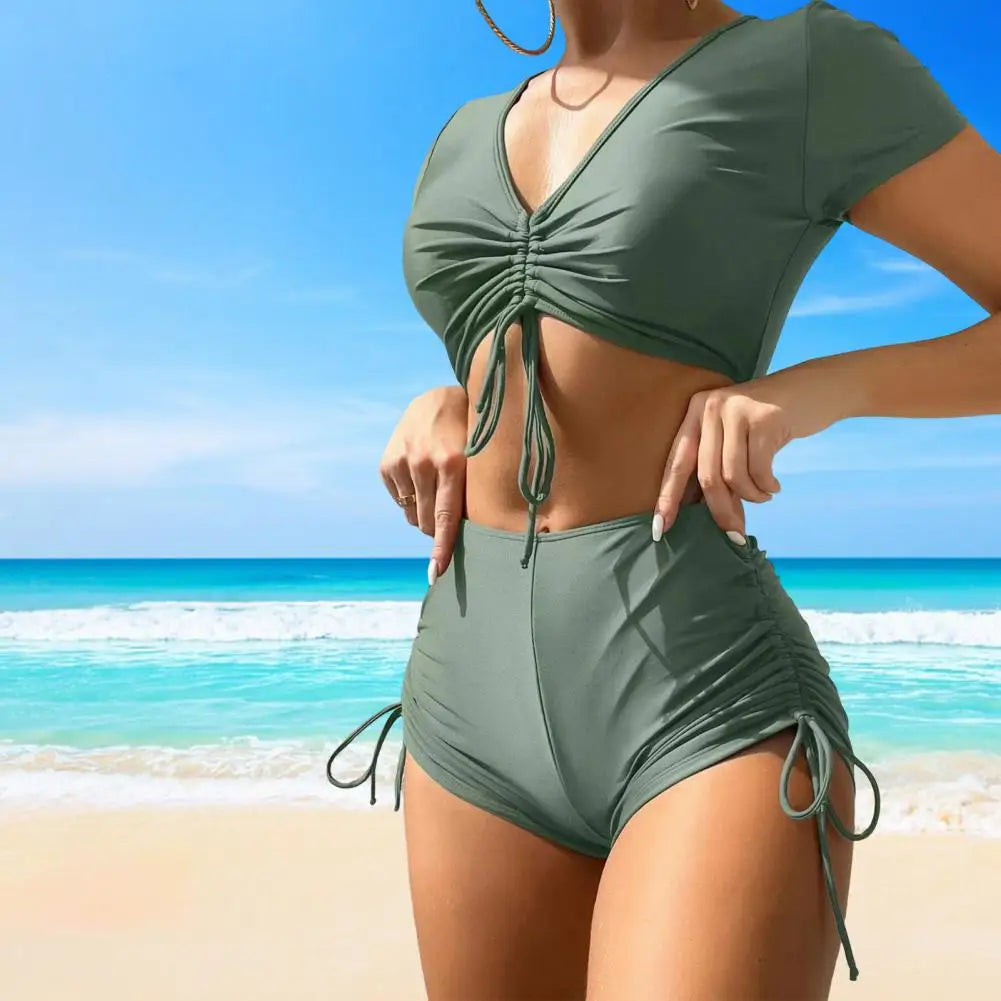 2Pcs/Set Swimsuit for Women Bikini Set V-Neck Short Sleeve Tops High Waist Drawstring Swimming Trunks Quick Drying Swimsuit