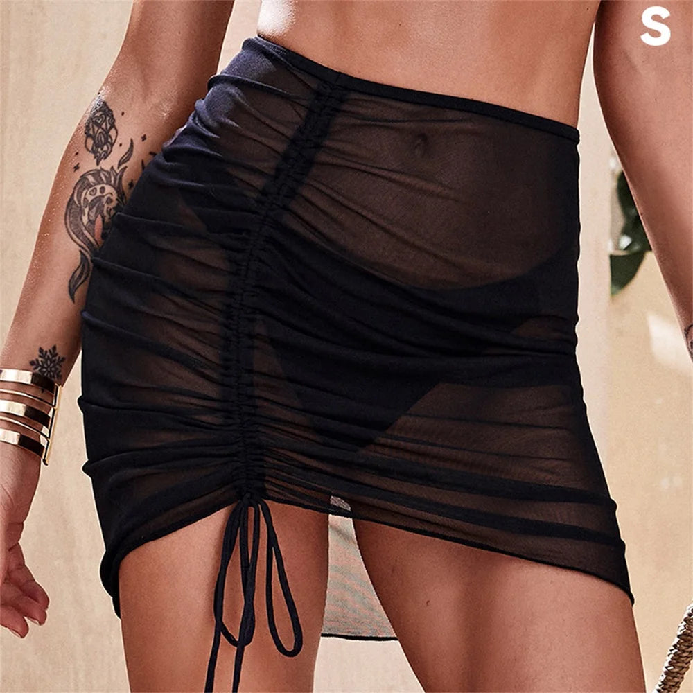 Traje de baño sexy translúcido, falda de playa, falda de gasa para vacaciones en la playa, falda con volantes, falda de malla con cordón ajustable, ropa de playa sólida, falda a la cadera