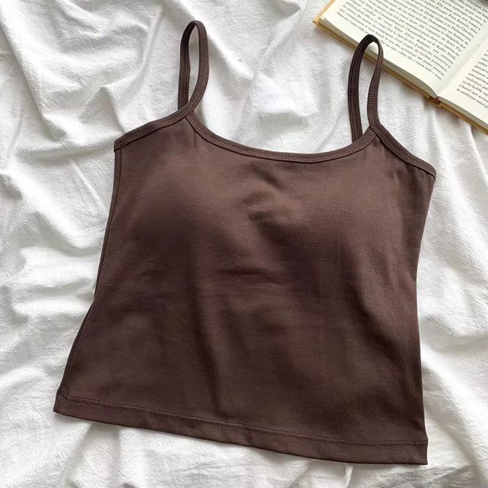 Camisola ajustada sin mangas con tirantes finos de color liso para mujer con almohadilla para el pecho, de algodón, para uso exterior, camisetas cortas de verano para mujer.