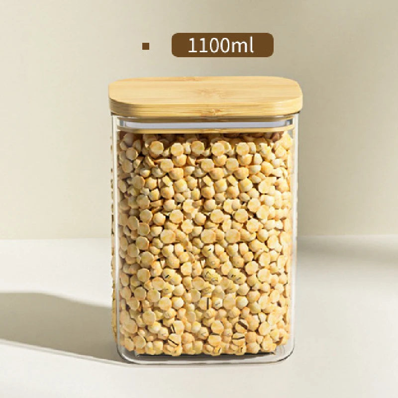 Tarro de plástico cuadrado sellado de 1100 ml para alimentos, con tapa de bambú, para cereales de cocina, transparente, para té y utensilios de cocina.