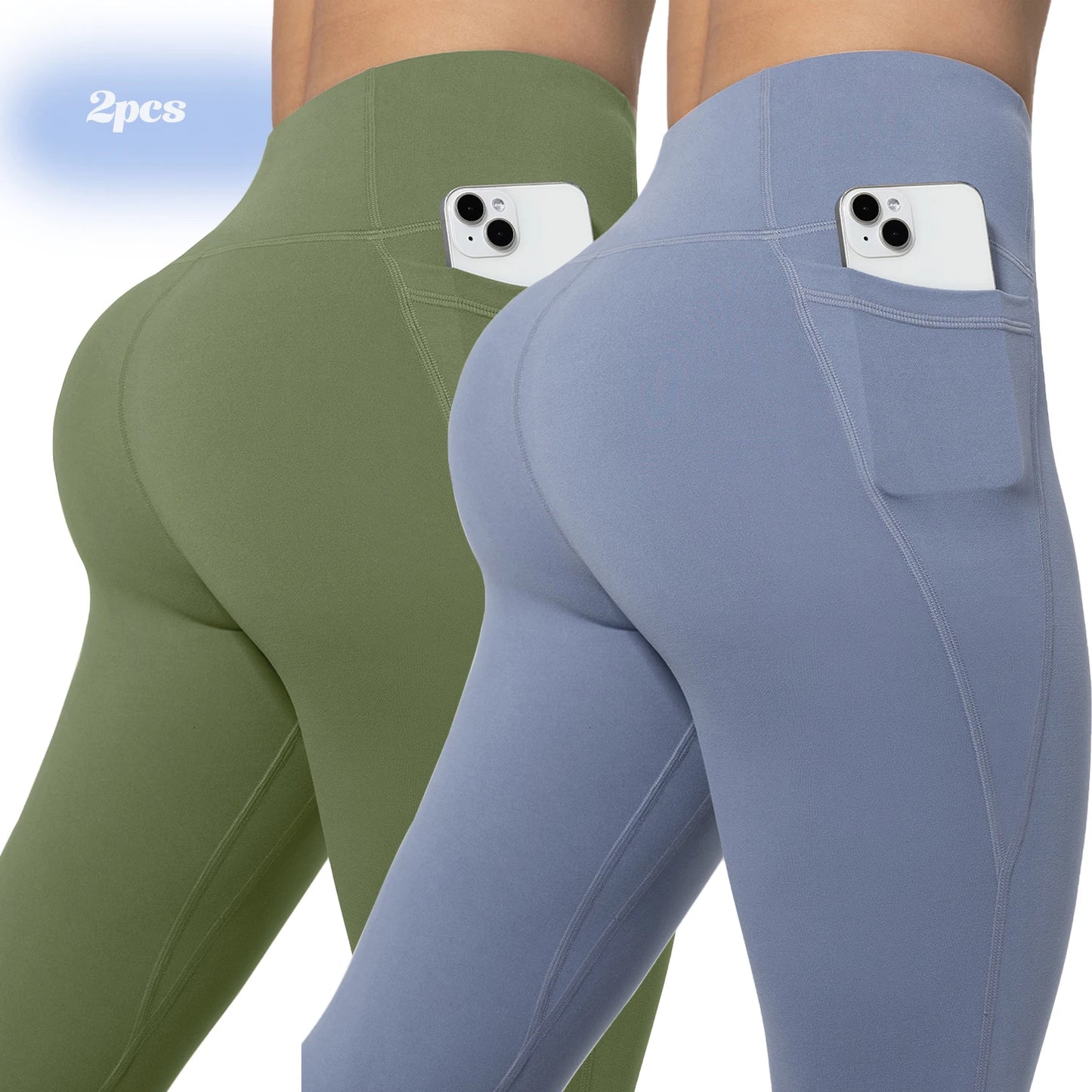 Leggings de yoga para mujer, 2 unidades, con bolsillos, color liso, para gimnasio, actividades al aire libre, cintura alta, ajustados, pantalones deportivos para correr.