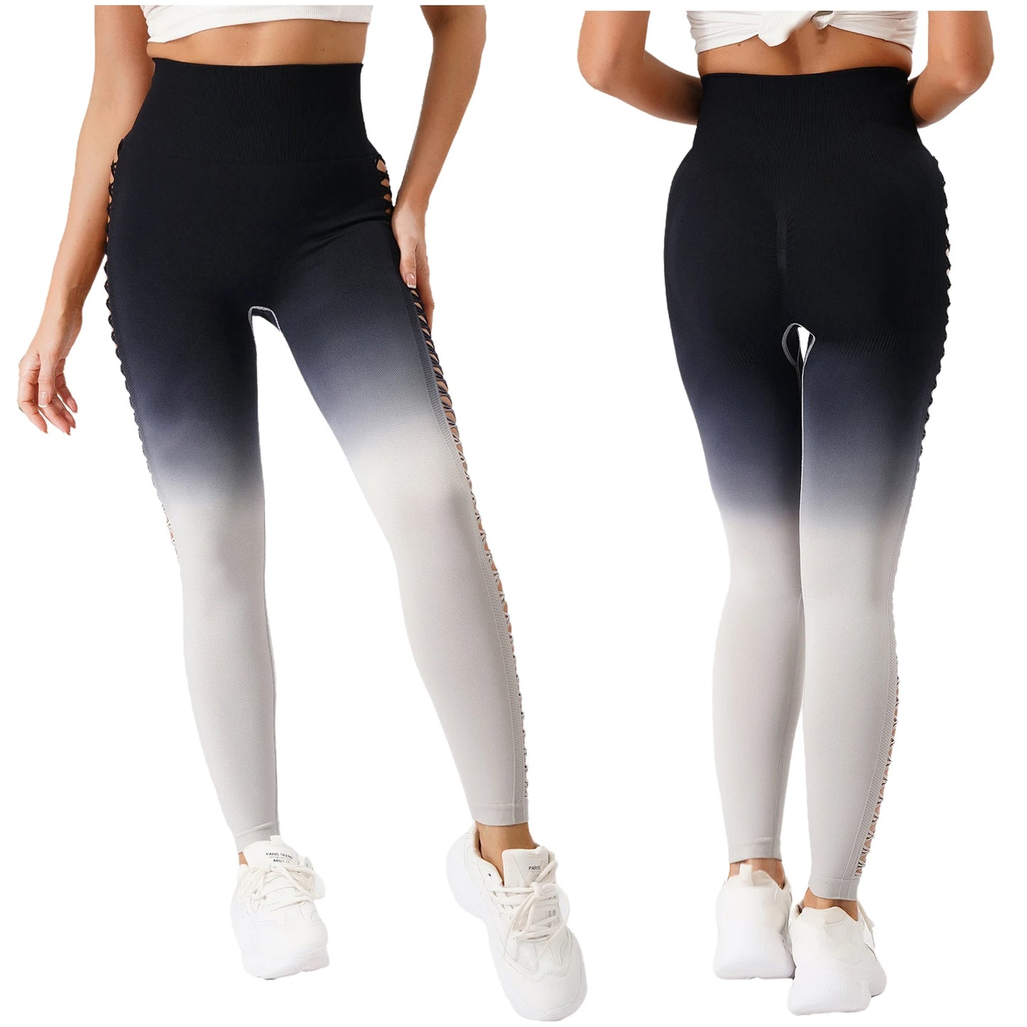 Womens Hip Tight Yoga Pants High Waist Side Hollowed-Out Mesh Design Exercise Yoga Leggings Running Gym Fitness