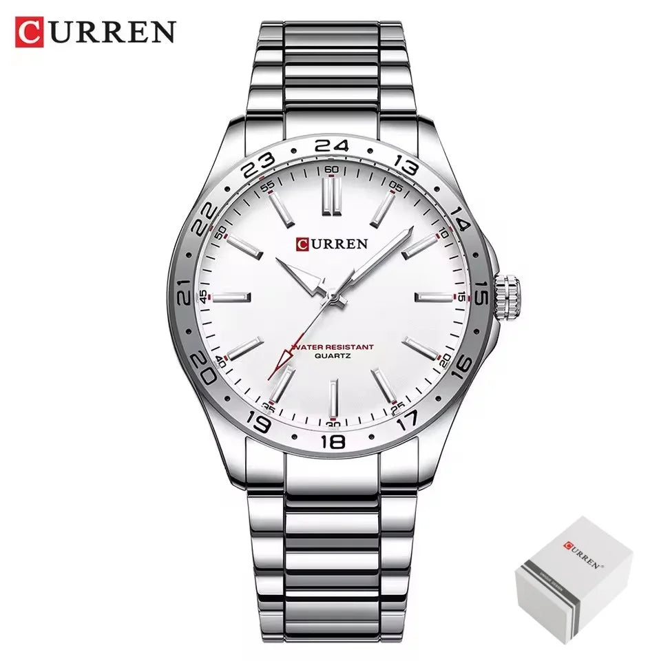 CURREN 8452 Reloj de cuarzo para hombre, sencillo, moderno, para ocio y negocios, con correa de acero inoxidable negra y plateada.